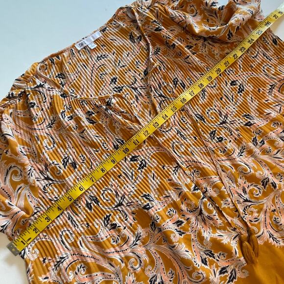 DR2 Mustard Paisley Blouse Womens Large Plisse Accordion Pleat Tassel Boho Top - Picture 9 of 11